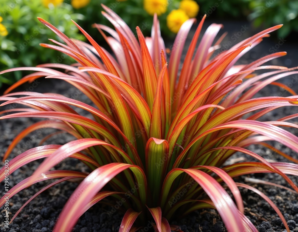 Fototapeta premium Close up photo of Japanese bloodgrass cultivar Red Baron. Plant has green yellow and red leaves. The ornamental grass grows in a garden with dark soil.