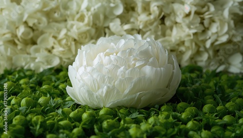 Fototapeta Naklejka Na Ścianę i Meble -  Close-up of white spring peonies on a bed, suitable for editorial header background