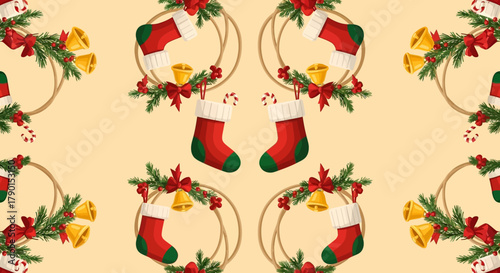 A charming, seamless pattern featuring festive Christmas wreaths adorned with golden bells and classic red stockings holding candy canes, perfect for holiday designs.