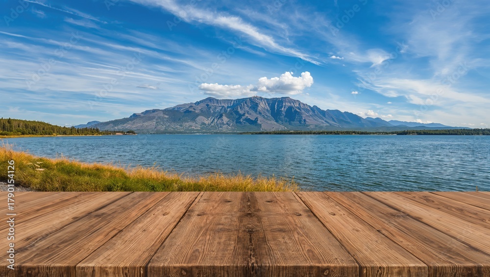 Obraz premium Wooden table overlooking a lake with mountains and a clear blue sky, ideal for nature appreciation