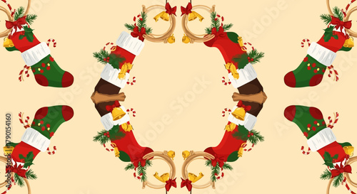 A charming symmetrical pattern of festive red and green Christmas stockings adorned with candy canes and golden bells, forming a cheerful holiday border.
