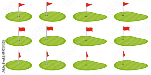 様々な形のゴルフグリーンと旗のアイコンのベクターイラストのセット