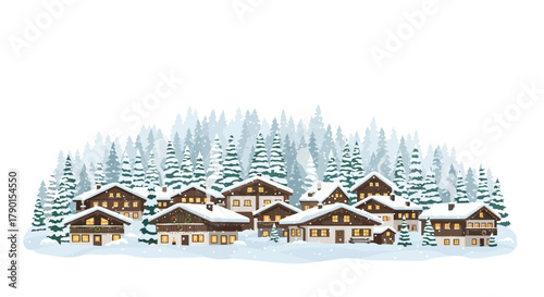Charming alpine village nestled amongst snow covered pine trees with warm glowing windows at christmas time