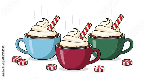 Three colorful mugs of hot chocolate topped with whipped cream and candy canes surrounded by peppermint candies