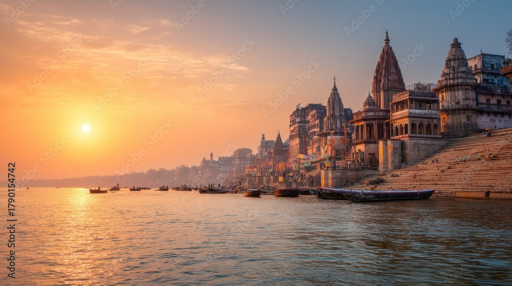 Obraz premium Sunrise over varanasi ghats and ganga river with ancient temples. Sacred indian culture and spiritual travel destination. Boating at dawn.