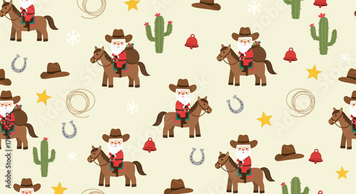 A whimsical seamless pattern features a festive cowboy Santa Claus riding a horse, surrounded by Western Christmas elements, ideal for festive projects.