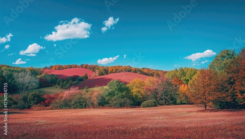 Fototapeta Naklejka Na Ścianę i Meble -  Vibrant hills and meadows with colorful trees, suitable for editorial header background