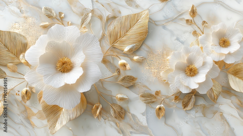 Fototapeta premium White flowers and golden leaves on marble background. Elegant floral pattern for home decor tile, wallpaper, or luxurious wedding invitation.