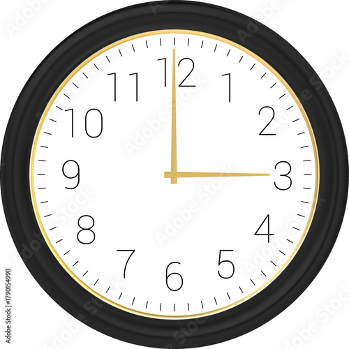 Wall clock showing three o'clock time concept
