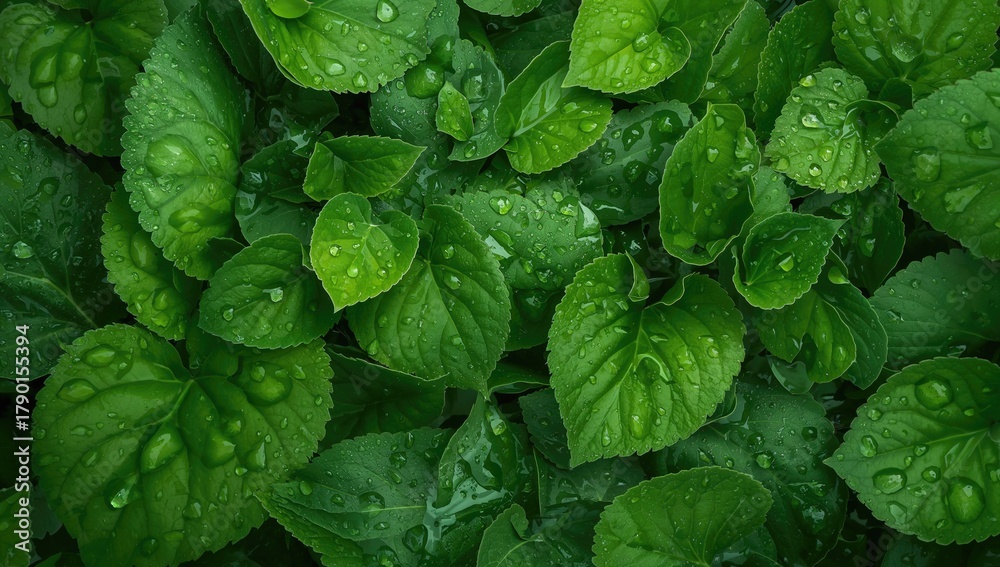 Naklejka premium Background of green leaves with water drops, refreshing natural backdrop for eco-friendly themes