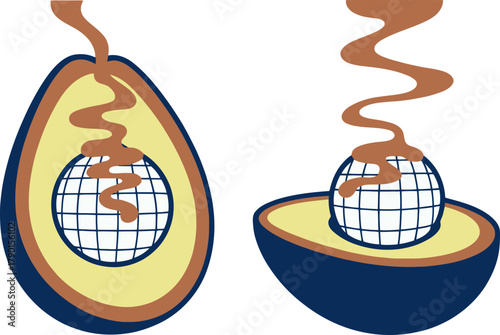 Delicious chocolate drizzle over a globe inside a ripe avocado, symbolizing global indulgence