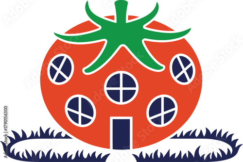 Whimsical tomato house with charming windows and green foliage, perfect for storybook themes