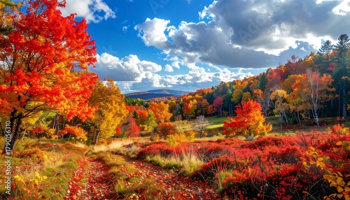 Autumnal landscape with vibrant red and yellow foliage under a partly cloudy sky, showcasing nature's colorful spectacle