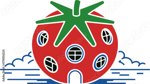 Whimsical tomato house design with playful clouds and water elements