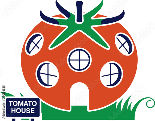 Whimsical tomato house logo design with playful windows and green grass accents