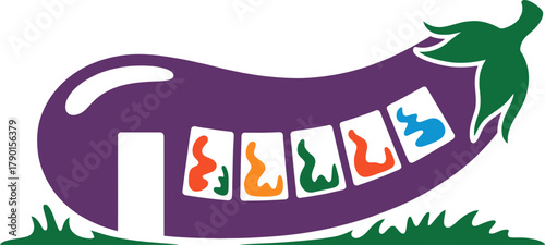 Whimsical eggplant house with colorful windows inviting creativity and fun