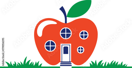 Whimsical apple house with charming windows and door, surrounded by green grass