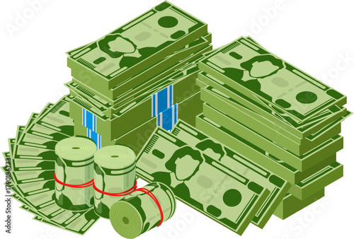 Accumulating wealth with large stacks of money and rolls