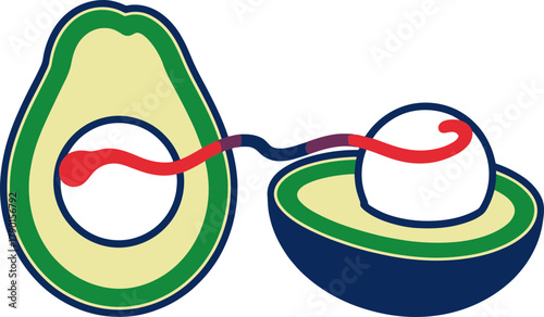 Stylized avocado halves connected by vibrant red and purple abstract line