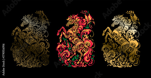 Vector colorful illustration of a fiery horse made of Khokhloma patterns and ornaments, the symbol of the 2026 Chinese New Year. Vector illustration