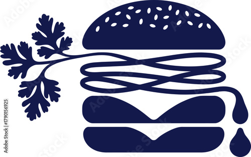 Stylized burger icon with fresh herb and dripping sauce, modern food branding element