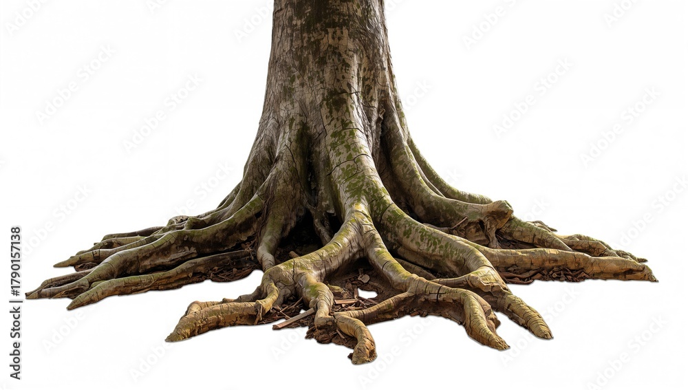 Fototapeta premium Roots of a tree isolated on a plain background, suitable for design applications