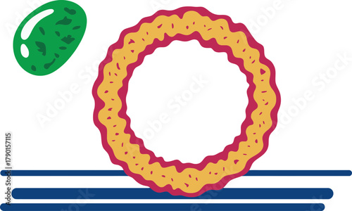 Crispy golden onion ring with green olive on abstract blue lines background
