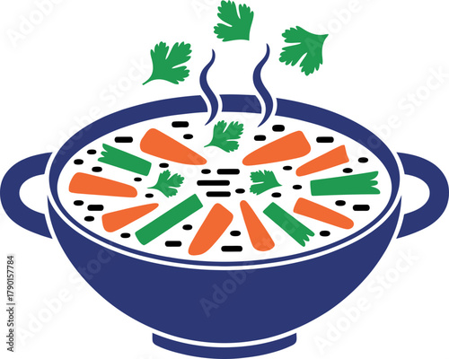 Steaming bowl of hearty vegetable soup with carrots, greens, and fresh parsley garnish