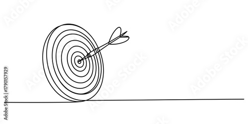 Single line art dart hitting bullseye goal achievement concept