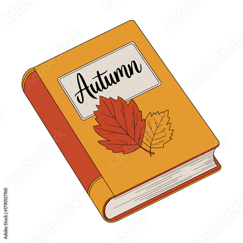 Autumn themed book with fall leaves, cozy reading season symbol