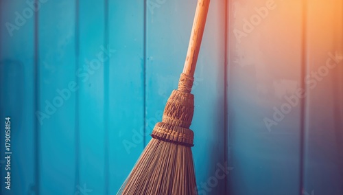 A broomstick positioned against a blue wall, practical tool for yard cleaning