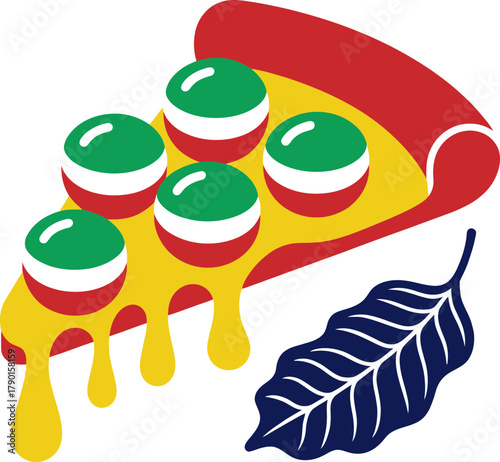 Delicious pizza slice with cheesy toppings and a decorative leaf, vibrant food art
