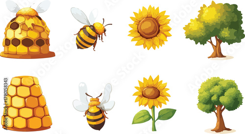 Cute cartoon set of honey bee and flower vector illustration for spring and summer fun design