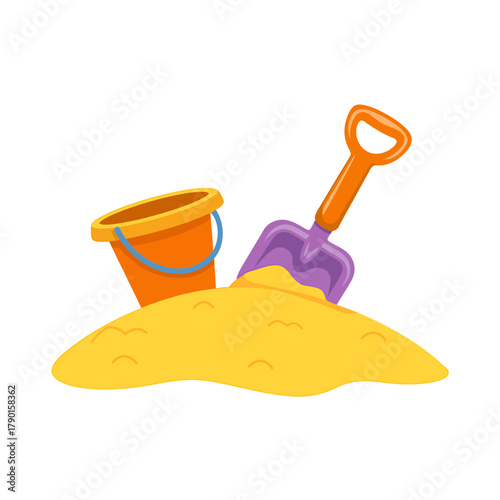 Vibrant sand bucket and shovel toy on sand pile for children fun