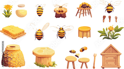 Vector set of honey bee and sweet food icons illustration for dessert and breakfast meal design