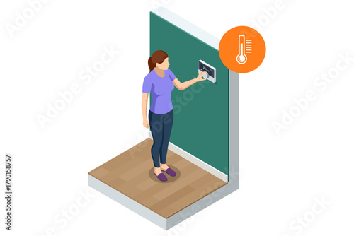 Smart Home Climate Control. Isometric illustration of a woman adjusting a smart thermostat on a wall, controlling room temperature in a modern home
