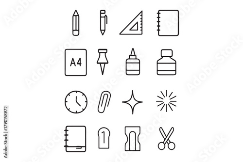 Minimalist Line Art Icons of Stationery and Office Supplies