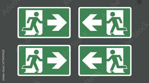 Green emergency exit signs with directional arrows for safety