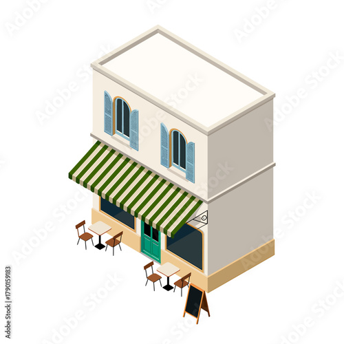 Isometric cafe building with outdoor seating and green awning