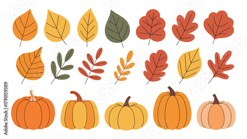 Autumn leaves and pumpkins collection, flat design illustration set.