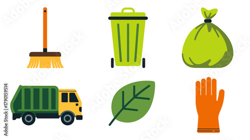 Waste management and cleaning flat icon set for environmental