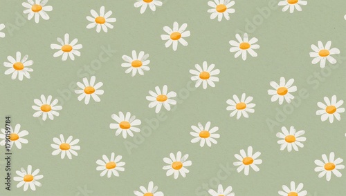 Seamless daisy flower pattern on green backdrop, suitable for text and layout