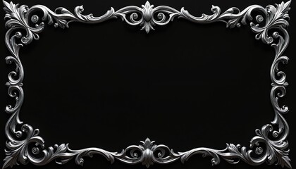 Ornate black and silver frame with decorative scroll patterns. This vintage style border is perfect for invitations, photos or graphic design projects.