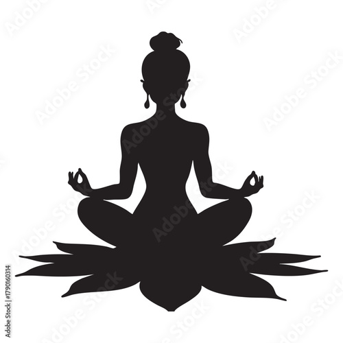 Silhouette of a person meditating on a lotus isolated white background