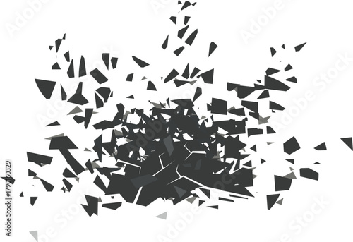 Shattering grey fragments creating an explosive impact