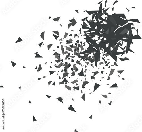 Abstract exploding dark particles dissolving white background
