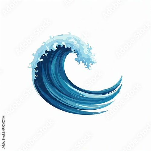 Stylized blue ocean wave crests and curls. Dynamic water motion forms simple graphic art. Represents surf culture, sea power, nature or marine themes.