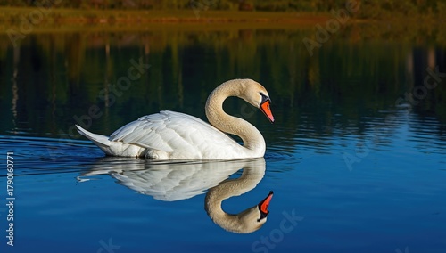 Fototapeta Naklejka Na Ścianę i Meble -  Mute swan swimming and preening in a tranquil deep blue lake, reflecting serene nature