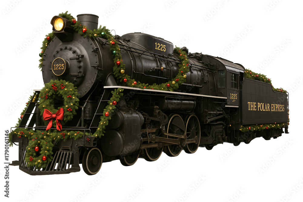 Obraz premium Festive vintage train with lights and wreath. Christmas transportation.