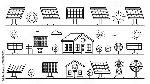 A minimalist black-and-white collection of solar panel icons arranged in two rows. Each icon illustrates a different concept — from solar panels on a house to energy transformation and eco efficiency.